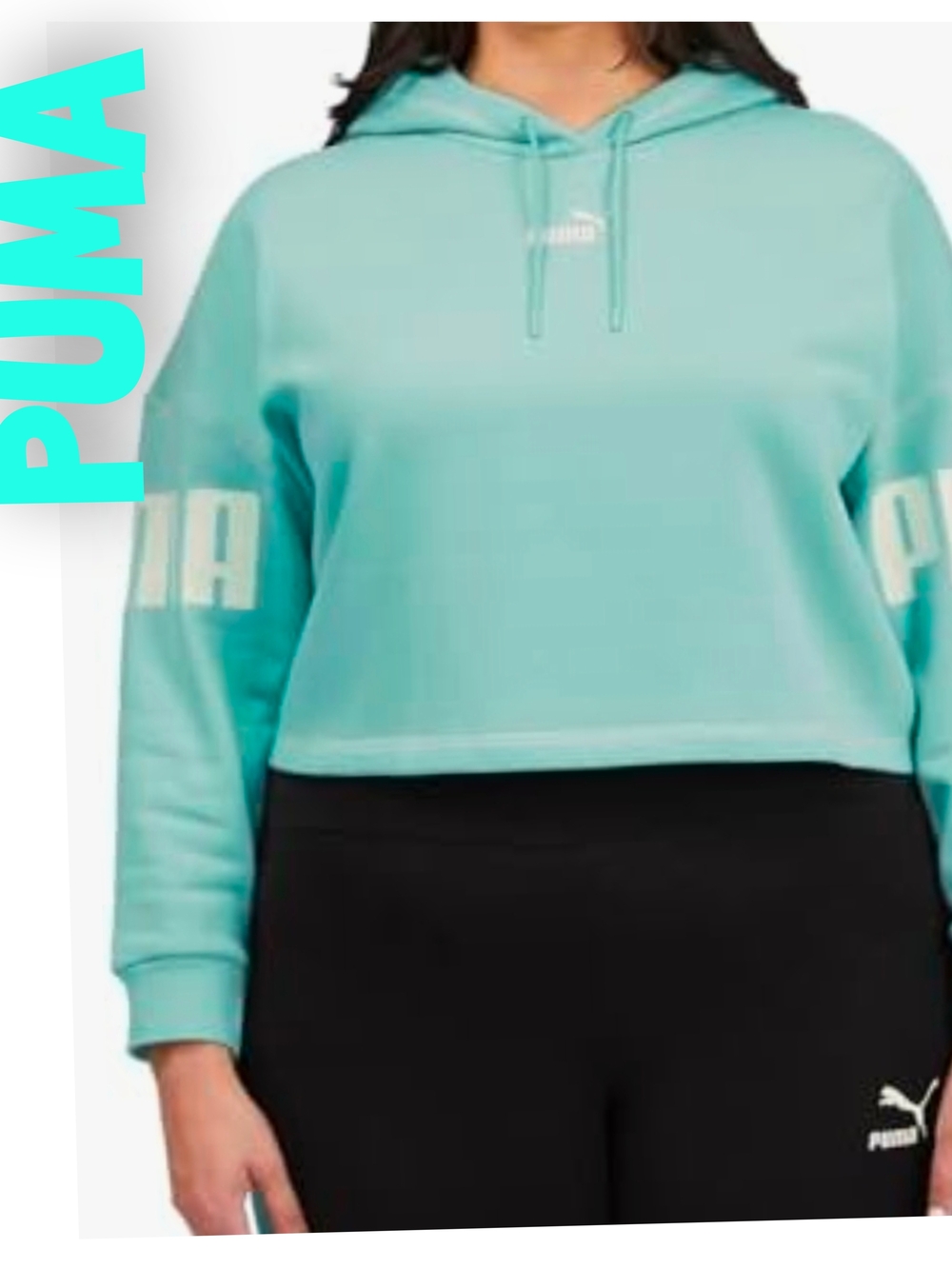 Puma Women's Mint Cropped Hoodie with Logo Sleeves